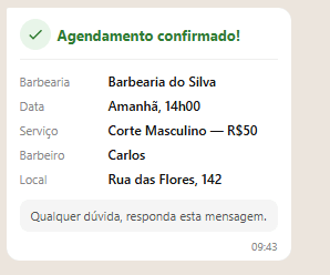 Confirmação automática de agendamento chegando no WhatsApp da cliente