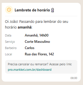 Lembrete automático 24h antes do horário de cabeleireira